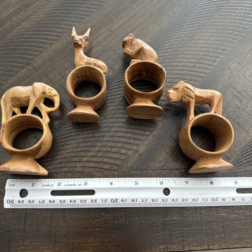 Lot 4 Hand Carved Wood African Safari Jungle Animals‎ Napkin Rings Footed